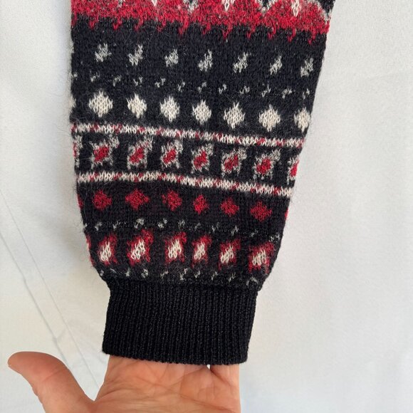 90s Vintage Dana Buchman Wool Mohair Blend Black Red Nordic Crop Cardigan Size M - Picture 6 of 15